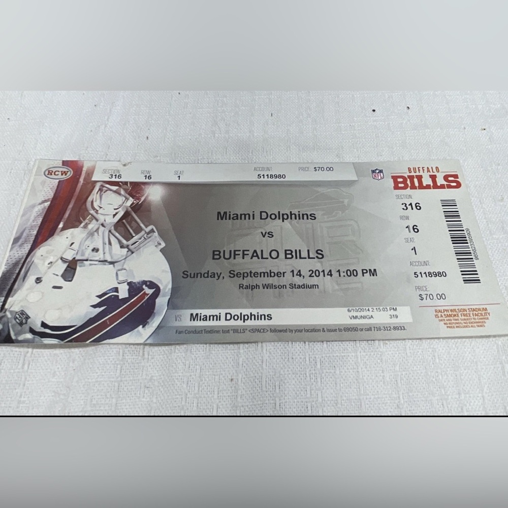 Miami Dolphins versus the Buffalo Bills at Ralph Wilson Stadium ticket stub 2014